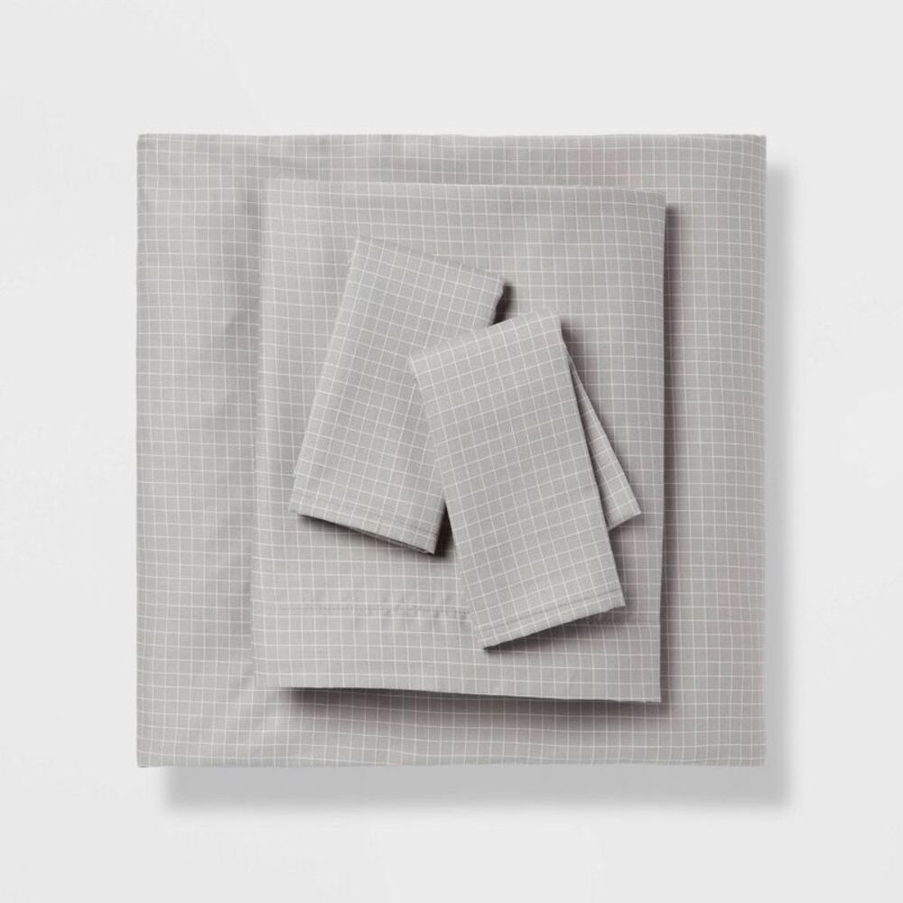 Full Cotton Blend Sateen Sheet Set Gray Micro Grid - Room Essentials